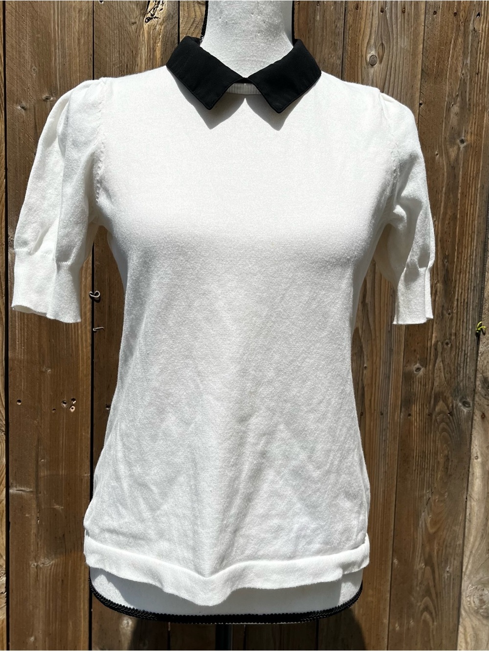 CeCe White Knit Top with Black Peter Pan Collar